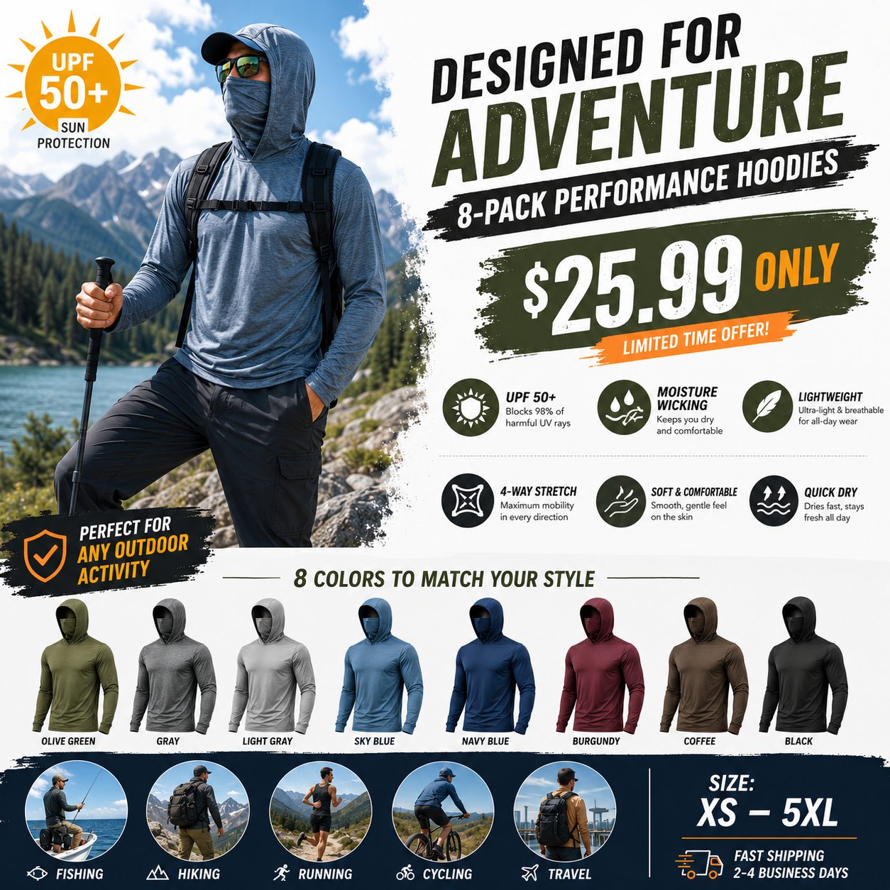 Men's UPF 50+ Long-Sleeve Sun-Protection Hoodie (with Sleeve Pocket and Face Mask)